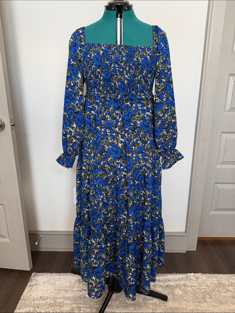 vestique Blue Floral Smocked Maxi Dress with Long Sleeves